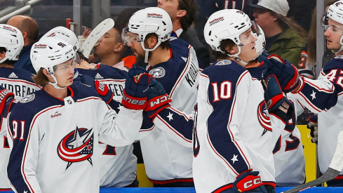 The Columbus Blue Jacket celebrate a goal scored by forward Dmitri Voronkov (10) during the first period against the Edmonton Oilers at Rogers Place.