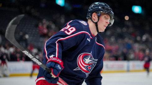 Columbus Blue Jackets right wing Patrik Laine skates during warmups before a game against the Montreal Canadiens at Nationwide Arena.