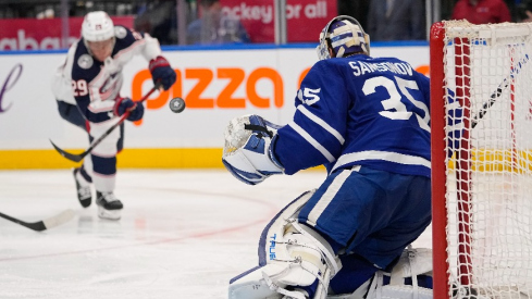 Toronto Maple Leafs goaltender Ilya Samsonov (35) watches a puck shot by Columbus Blue Jackets forward Patrik Laine (29) during the second period at Scotiabank Arena.