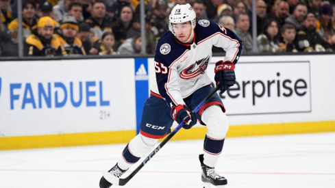 Columbus Blue Jackets defenseman David Jiricek (55) controls the puck during the second period against the Boston Bruins at TD Garden.