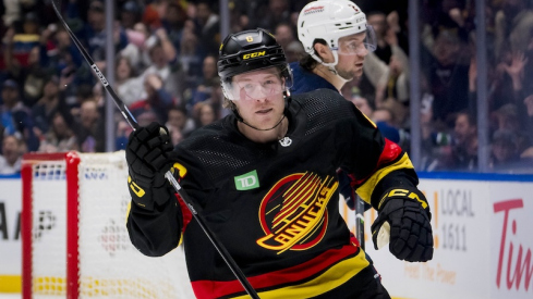 Vancouver Canucks' Brock Boeser celebrates his goal against the Columbus Blue Jackets in the second period at Rogers Arena.