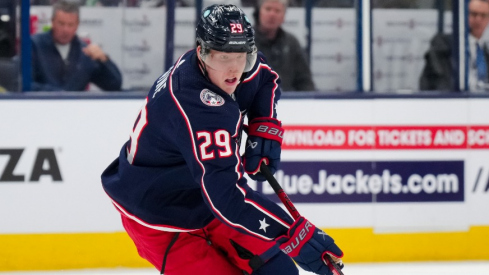 Columbus Blue Jackets right wing Patrik Laine (29) skates with the puck against the Philadelphia Flyers in the first period at Nationwide Arena.