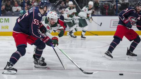 Columbus Blue Jackets defenseman David Jiricek skates against the Minnesota Wild