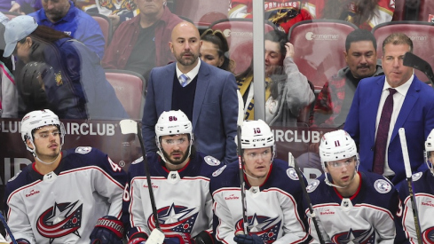 Columbus Blue Jackets head coach Pascal Vincent looks on from the bench against the Florida Panthers during the third period at Amerant Bank Arena.