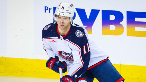 Columbus Blue Jackets center Adam Fantilli (11) skates during the warmup period against the Calgary Flames at Scotiabank Saddledome.