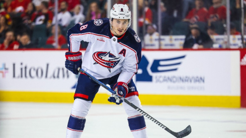 Columbus Blue Jackets defenseman Zach Werenski (8) against the Calgary Flames during the second period at Scotiabank Saddledome.