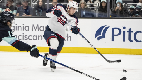 Columbus Blue Jackets forward Yegor Chinakhov takes a shot against the Seattle Kraken 