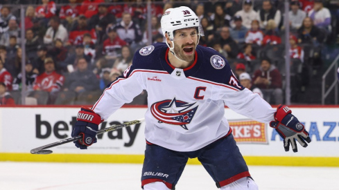 Columbus Blue Jackets center Boone Jenner (38) celebrates his goal against the New Jersey Devils during the first period at Prudential Center.