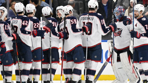 Columbus Blue Jackets goaltender Elvis Merzlikins (90) is congratulated by teammates after a shutout victory over the St. Louis Blues at Enterprise Center.