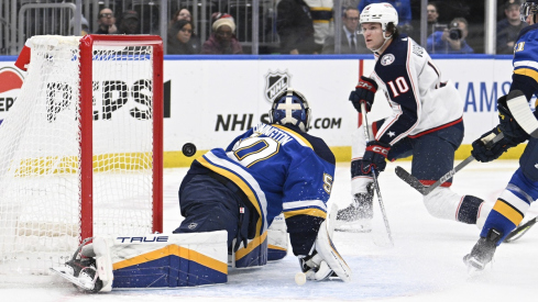 Dmitri Voronkov scores a goal against the St. Louis Blues