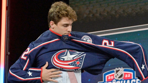 Denton Mateychuk after being selected as the number twelve overall pick to the Columbus Blue Jackets in the first round of the 2022 NHL Draft at Bell Centre.