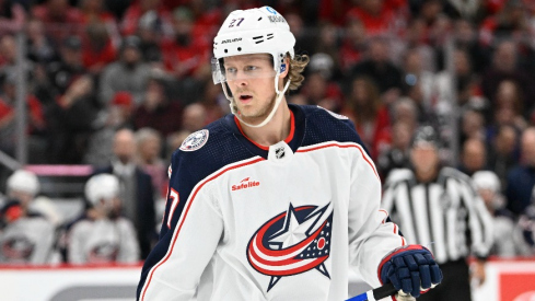 Columbus Blue Jackets defenseman Adam Boqvist (27) on the ice against the Washington Capitals during the second period at Capital One Arena.