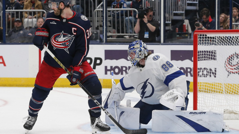 Boone Jenner looks tip a shot against the Tampa Bay Lightning 