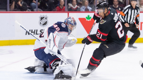 Columbus Blue Jackets' Daniil Tarasov makes a save on a shot from Ottawa Senators' Mathieu Joseph in the first period at the Canadian Tire Centre.