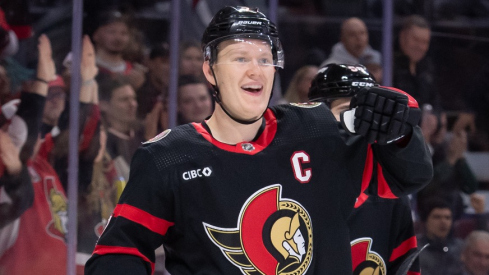 Ottawa Senators left wing Brady Tkachuk (7) celebrates his goal scored in the first period against the Columbus Blue Jackets at the Canadian Tire Centre.