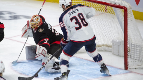 Ottawa Senators' Anton Forsberg makes a save on a shot from Columbus Blue Jackets' Boone Jenner in the third period at the Canadian Tire Centre.