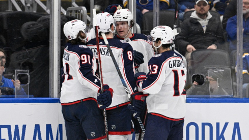 Columbus Blue Jackets left wing Dmitri Voronkov (10) is congratulated by teammates after scoring a goal against the St. Louis Blues during the third period at Enterprise Center.