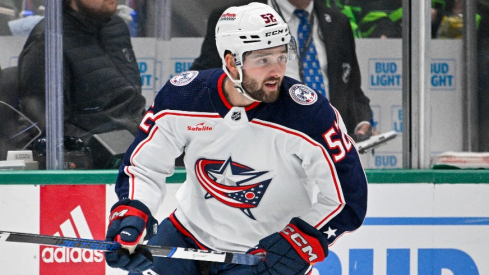 Columbus Blue Jackets right wing Emil Bemstrom (52) in action during the game between the Dallas Stars and the Columbus Blue Jackets at American Airlines Center.