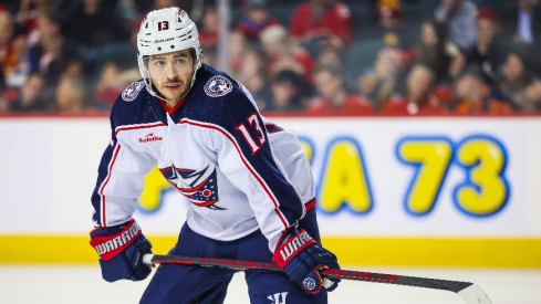 Columbus Blue Jackets left wing Johnny Gaudreau (13) against the Calgary Flames during the second period at Scotiabank Saddledome.