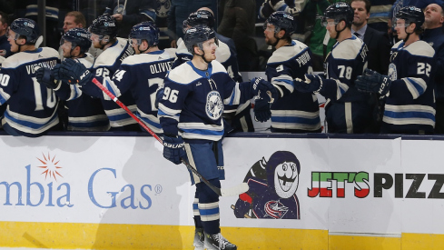 Jack Roslovic celebrates his goal against the New York Rangers