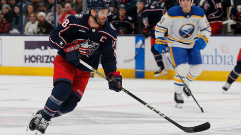 Columbus Blue Jackets center Boone Jenner (38) carries the puck against the Buffalo Sabres during the first period at Nationwide Arena.
