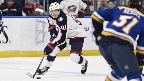 Kent Johnson skates against the St. Louis Blues 