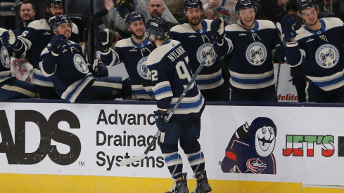 Columbus Blue Jackets left wing Alexander Nylander celebrates his goal against the Carolina Hurricanes