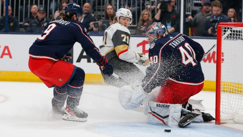 Columbus Blue Jackets goalie Daniil Tarasov (40) stops the shot attempt of Vegas Golden Knights center William Karlsson (71) during the first period at Nationwide Arena.