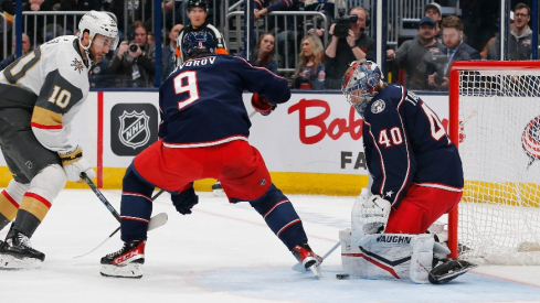 Columbus Blue Jackets goalie Daniil Tarasov (40) makes a pad save as Vegas Golden Knights center Nicolas Roy (10) looks for a rebound during the first period at Nationwide Arena. 