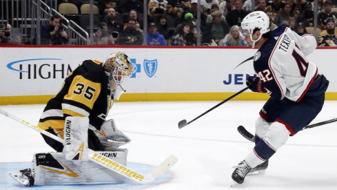  Pittsburgh Penguins' Tristan Jarry makes a save against Columbus Blue Jackets' Alexandre Texier during the second period at PPG Paints Arena.