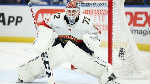 Florida Panthers goaltender Sergei Bobrovsky (72) readies in the goal against the Tampa Bay Lightning in the first period at Amalie Arena.