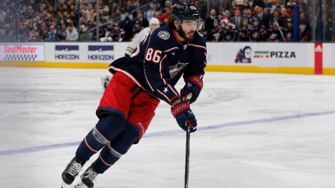 Columbus Blue Jackets right wing Kirill Marchenko (86) carries the puck against the Boston Bruins during the third period at Nationwide Arena.