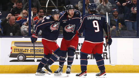 Columbus Blue Jackets' Alexander Nylander celebrates his goal against the Edmonton Oilers during the first period at Nationwide Arena.