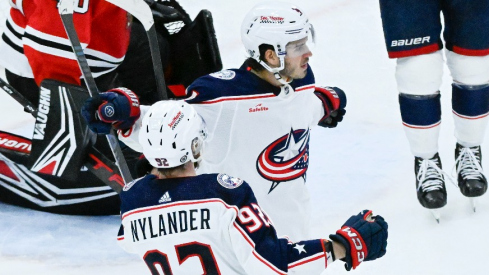Columbus Blue Jackets center Cole Sillinger (4) celebrates with Columbus Blue Jackets left wing Alexander Nylander (92) after scoring against the Chicago Blackhawks during the second period at the United Center.