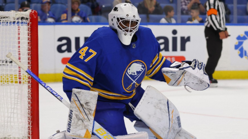 Buffalo Sabres goaltender Malcolm Subban (47) looks for the puck during the third period against the Philadelphia Flyers at KeyBank Center.