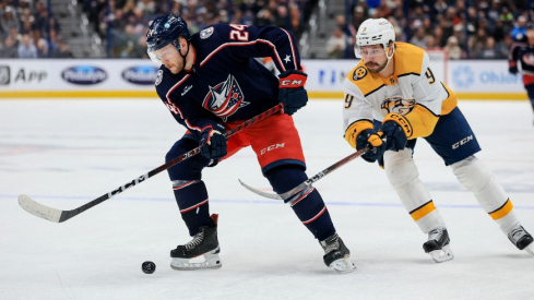 Columbus Blue Jackets right wing Mathieu Olivier (24) controls the puck against Nashville Predators left wing Filip Forsberg (9) in the second period at Nationwide Arena.