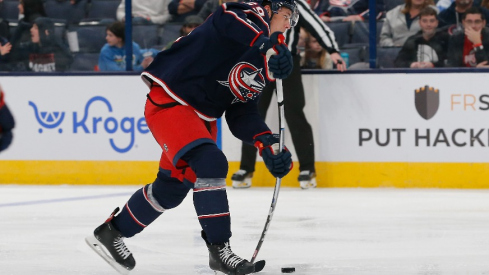 Columbus Blue Jackets right wing Yegor Chinakhov (59) wrists a shot on goal against the Tampa Bay Lightning during the second period at Nationwide Arena.