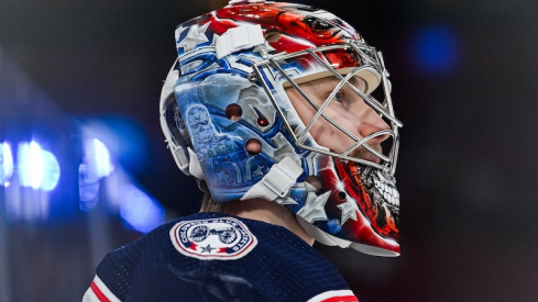 Columbus Blue Jackets' Daniil Tarasov looks on during warm-up before the game against the Montreal Canadiens at Bell Centre.