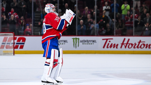 Montreal Canadiens goalie Cayden Primeau salutes the crowd after his shutout