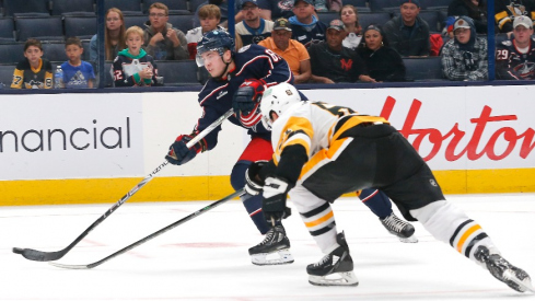 Columbus Blue Jackets right wing Jordan Dumais (69) scores the game winner in overtime against the Pittsburgh Penguins at Nationwide Arena.