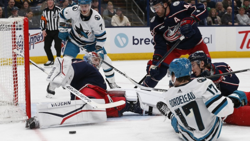 Columbus Blue Jackets' Daniil Tarasov makes a pad save on the shot from San Jose Sharks' Thomas Bordeleau during the first period at Nationwide Arena.