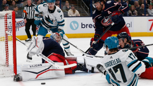 Columbus Blue Jackets goalie Daniil Tarasov (40) makes a pad save on the shot from San Jose Sharks center Thomas Bordeleau (17) during the first period at Nationwide Arena.
