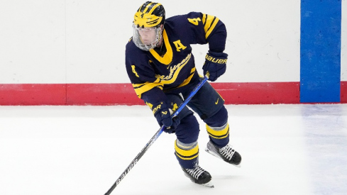 Michigan Wolverines forward Gavin Brindley (4) skates during the NCAA men s hockey game against the Ohio State Buckeyes at Value City Arena.