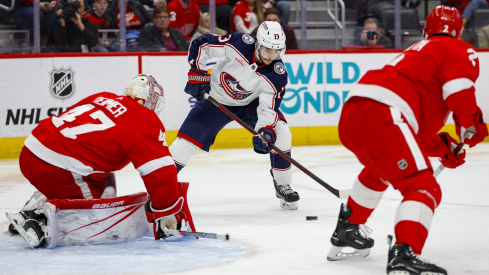 Johnny Gaudreau tries to score against the Detroit Red Wings