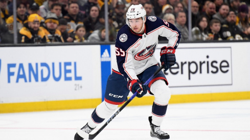 Columbus Blue Jackets defenseman David Jiricek (55) controls the puck during the second period against the Boston Bruins at TD Garden.