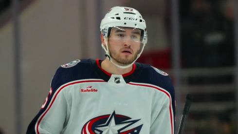 Columbus Blue Jackets defensemen David Jiricek (55) looks on against the Carolina Hurricanes during the third period at PNC Arena.