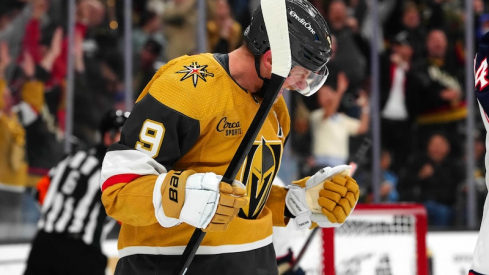 Vegas Golden Knights' Jack Eichel celebrates after scoring a goal against the Columbus Blue Jackets during the second period at T-Mobile Arena.