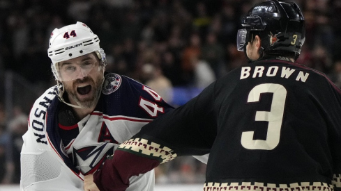 Blue Jackets defenseman Erik Gudbranson blows off some steam in a second period fight with the Coyotes' Josh Brown.