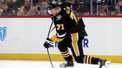 Pittsburgh Penguins' Evgeni Malkin shoots a slap shot against the Columbus Blue Jackets during the second period at PPG Paints Arena.