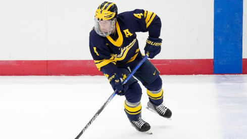 Michigan Wolverines forward Gavin Brindley (4) skates during the NCAA men s hockey game against the Ohio State Buckeyes at Value City Arena.